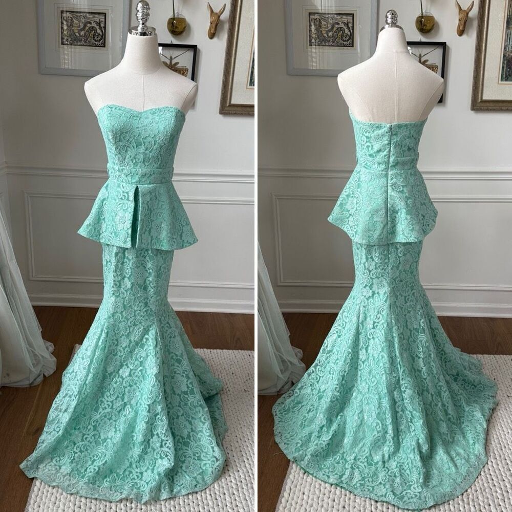 Vienna Mint Green Lace Peplum Mermaid Formal Gown XS 2